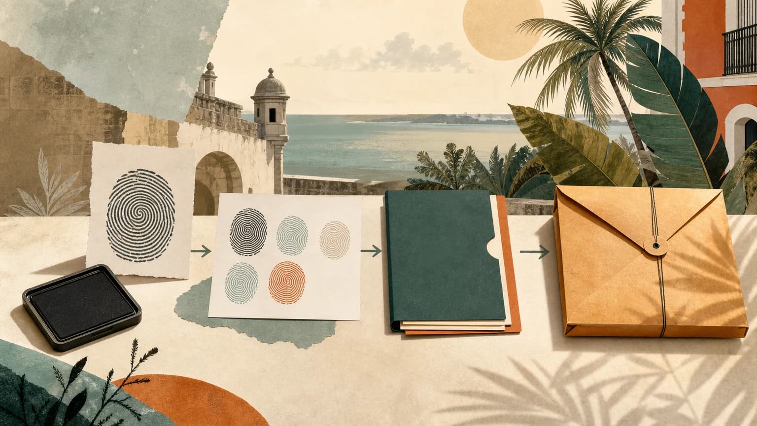 Fingerprint records, folders, and a sealed envelope beside San Juan's old city walls