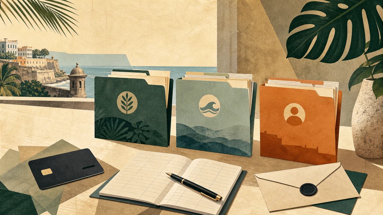 Organized business account folders, a bank card, ledger, and sealed correspondence in Puerto Rico