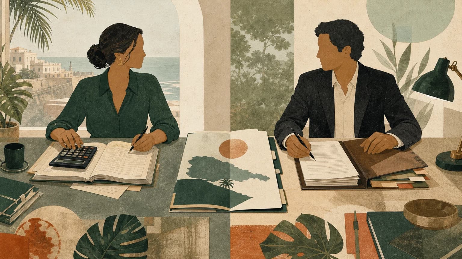 An accountant and lawyer working at separate desks with Puerto Rico files between them
