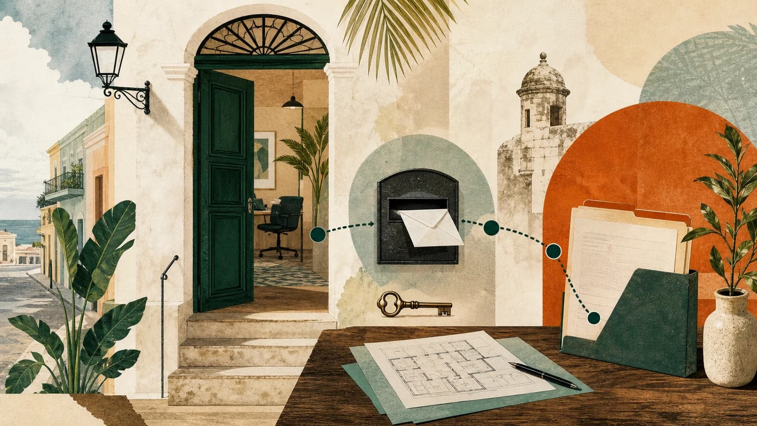 A Puerto Rico office doorway, mail slot, key, floor plan, and permit folders