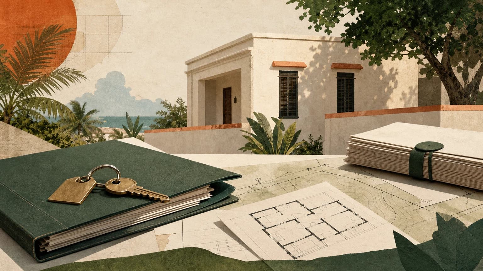 A Puerto Rico home, keys, title folder, site plan, and architectural drawing