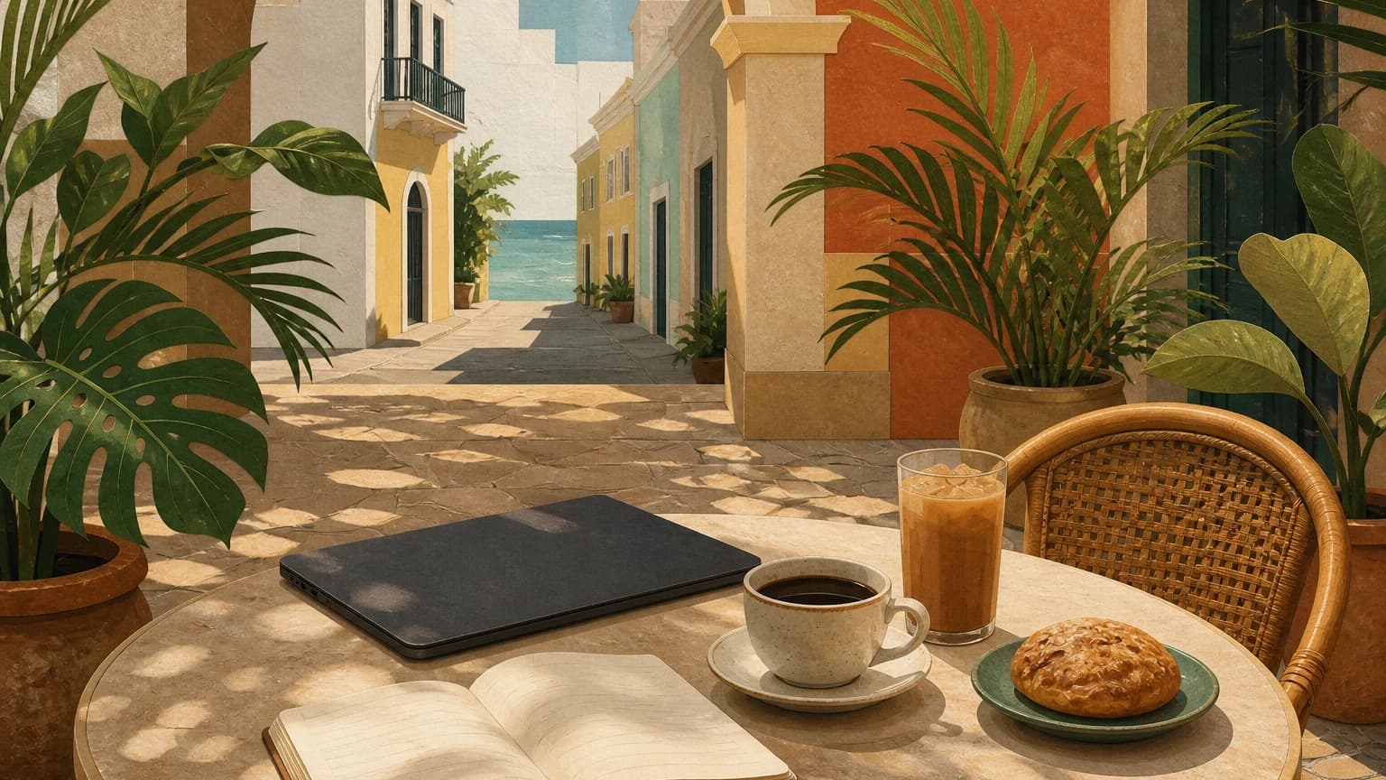 A café table with a closed laptop, coffee, and notebook in a San Juan courtyard opening onto a colonial street and the water