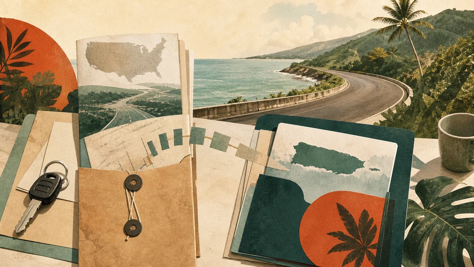 Out-of-state driving records, keys, and Puerto Rico documents beside a coastal road