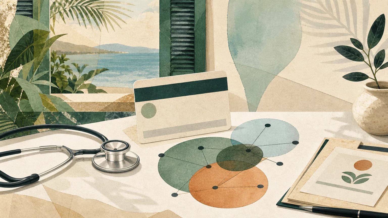 A health-plan card, stethoscope, provider network, and enrollment papers overlooking Puerto Rico