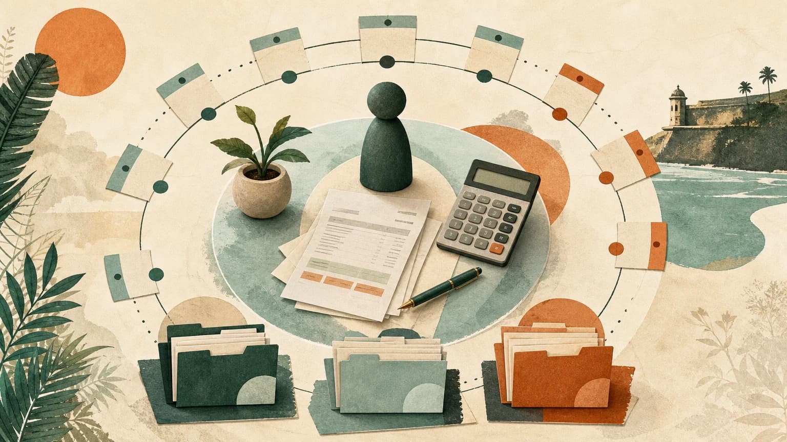 A payroll calendar orbiting an employee, tax records, calculator, and quarterly filing folders