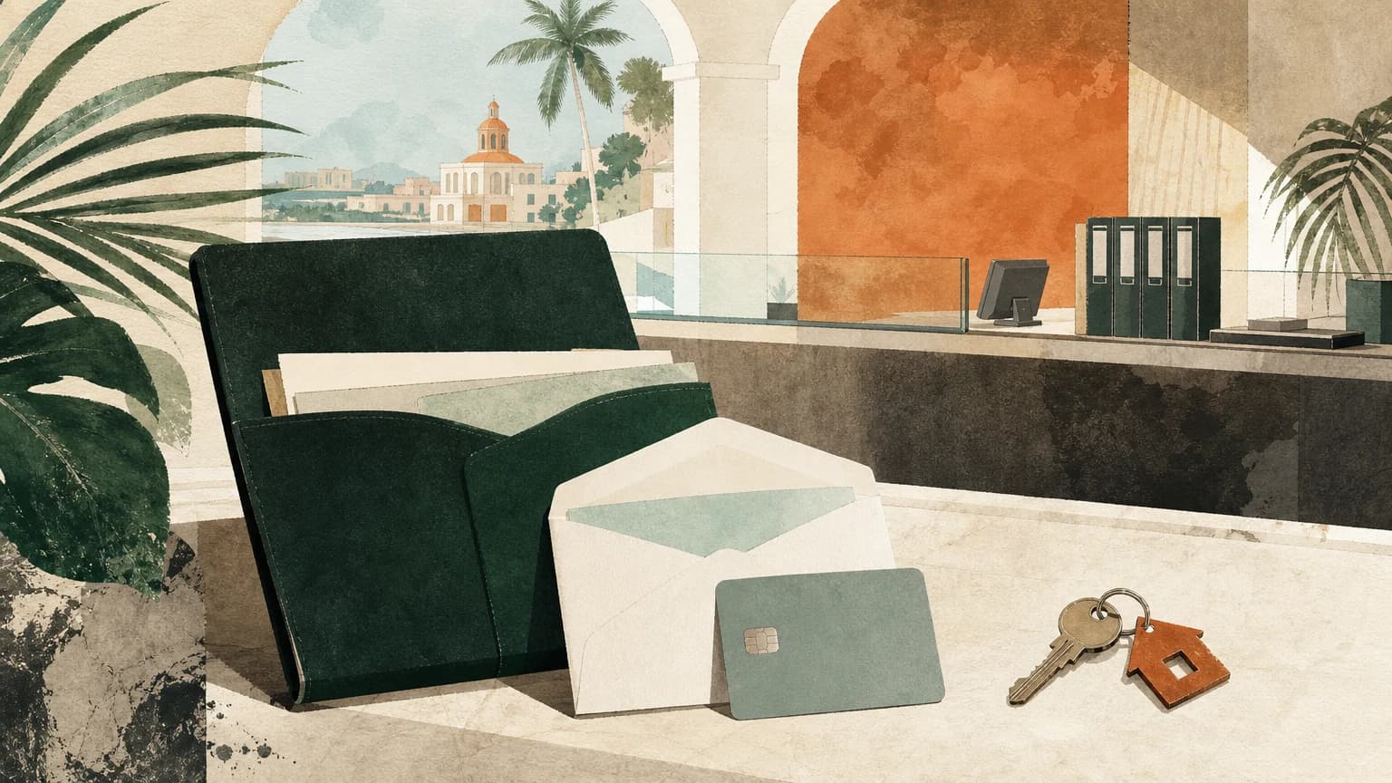 Personal bank documents, an account card, envelope, and house keys at a Puerto Rico branch