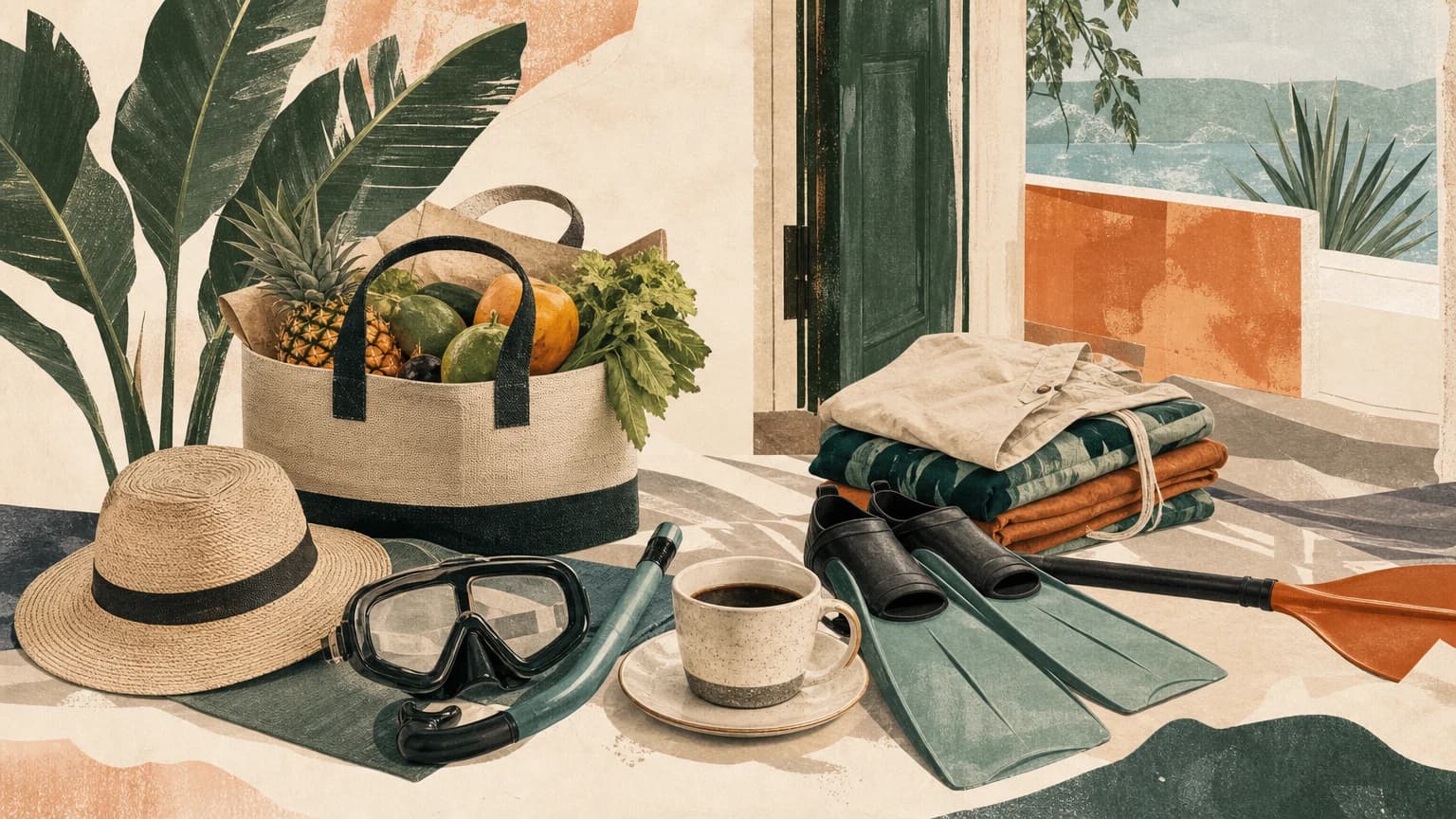 A newcomer's San Juan kit with produce, light clothing, snorkel gear, coffee, and a paddle