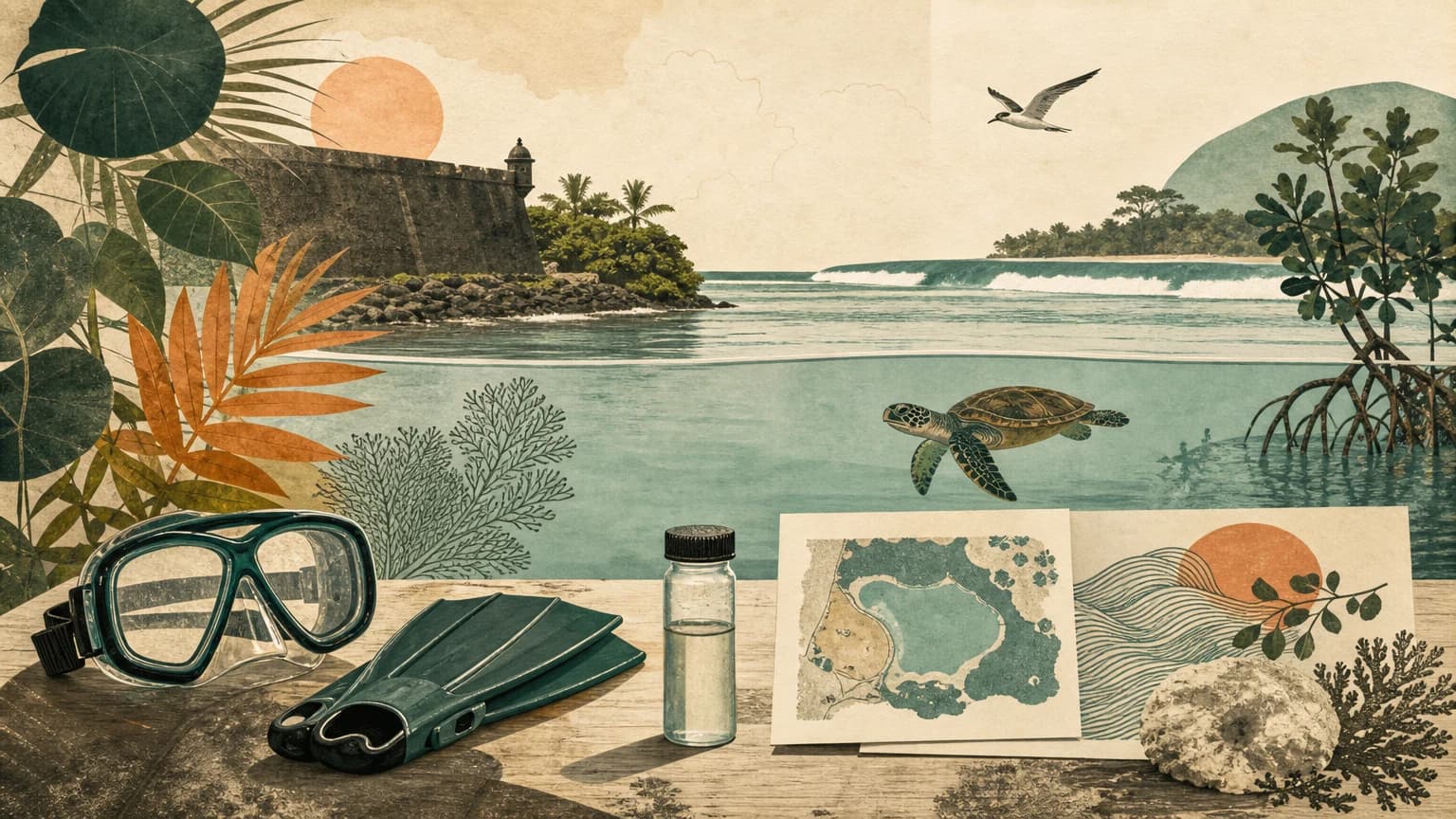 Snorkel mask, fins, water sample, coral, and a sea turtle in a sheltered San Juan bay