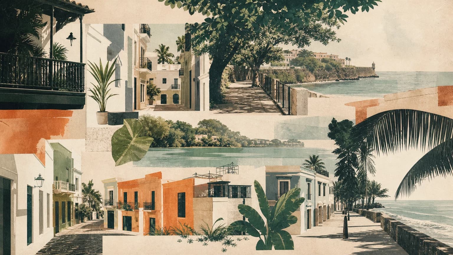 A collage of San Juan streets, waterfronts, neighborhood buildings, and the lagoon